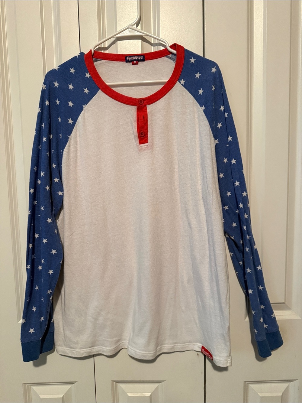 Tipsy Elves White Tee with Red Ribbed Neckline and Logo Tag